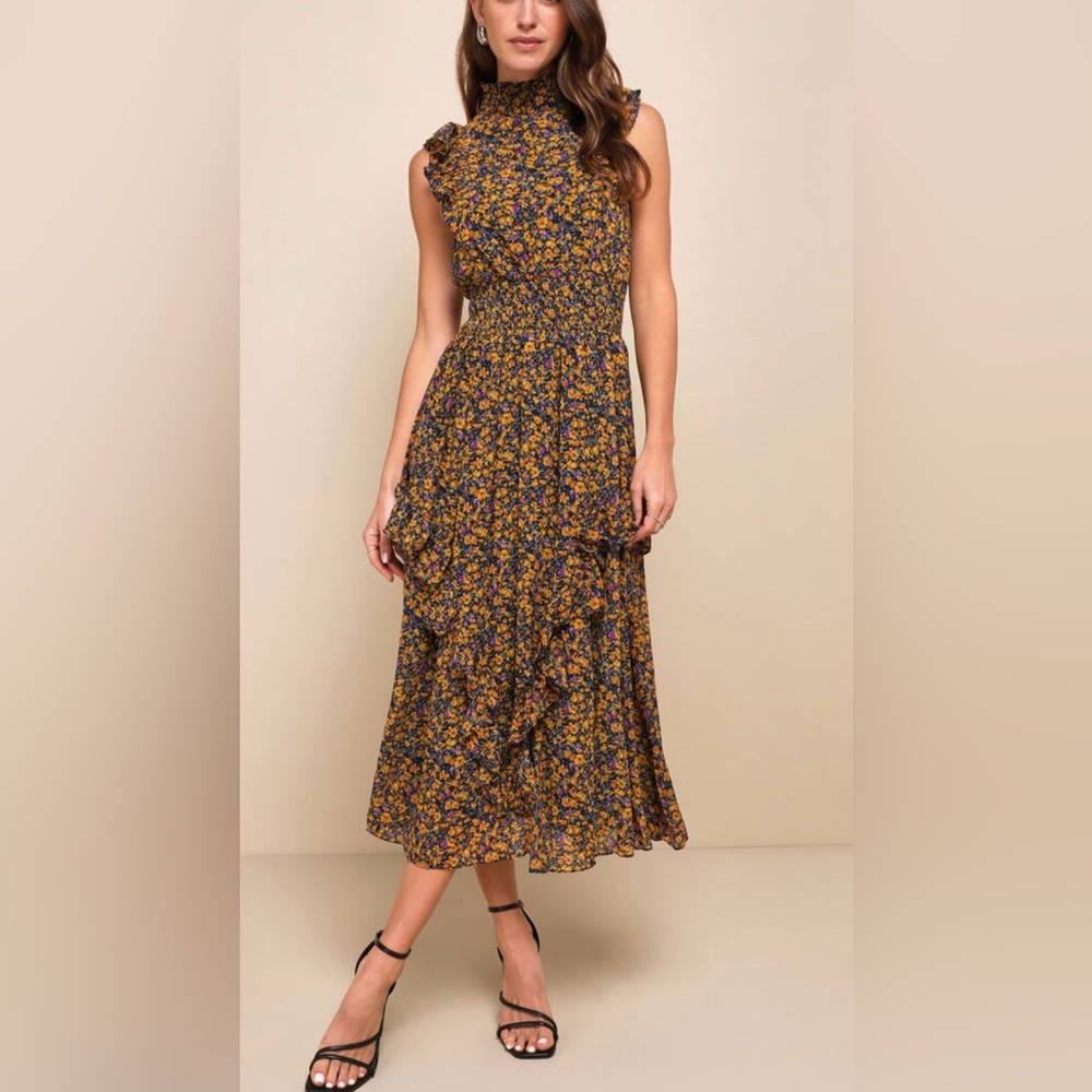 Lulus Floral Black and Yellow Women's Dress